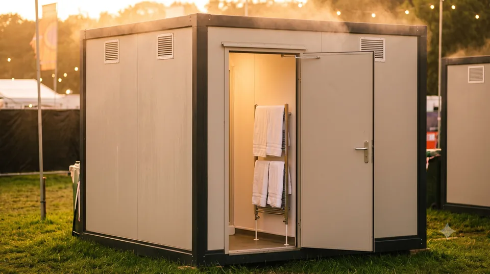 Premium event shower block at dusk with towels and warm interior light