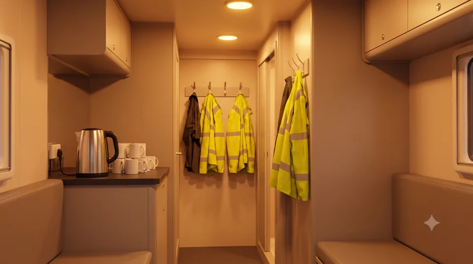 Welfare unit interior with kettle, mugs and hi-vis jackets on hooks